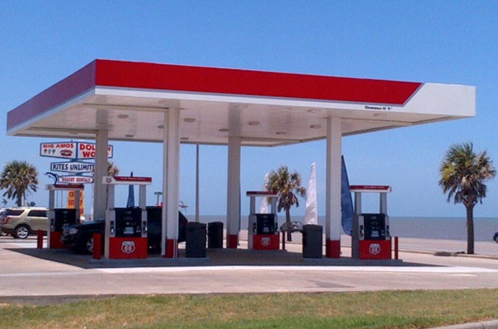 Newly finished gas station build with red and white pumps and coloring - Idaho Falls Metal Construction Company Apollo Construction Company Inc.